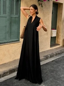 Robe décontractée ample à col V et coupe évasée de couleur unie pour femmes