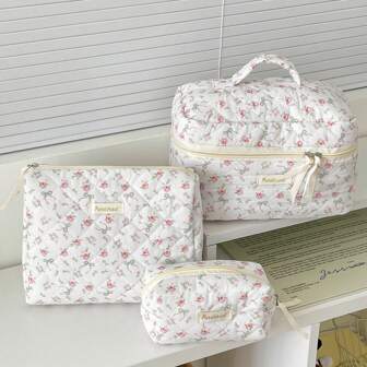 玫瑰蝴蝶结化妆包拉链柔软面料花卉印花田园风格可爱化妆包，多用途洗漱包适合家庭、旅行、日常使用