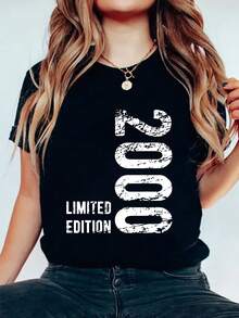 Limited Edition Print Round Neck Short Sleeve T-Shirt For Women Casual, Summer , Women Top Graphic Tees Women Tops - Black - View 1