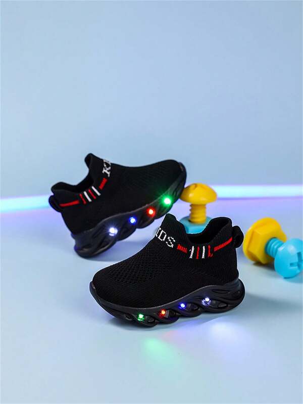 Black Fabric Athletic Shoes For Boys, Soft & Stretchy, Lightweight & Breathable, Non-Slip , Soft Sole Glitter Children's Casual Sneakers, Slip-On, Suitable For All Seasons