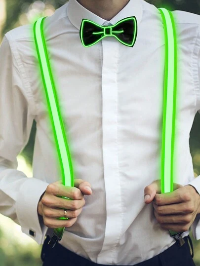 1 Set de 2 piezas Pajarita y Tirantes Luminosos, Tirantes LED para Hombres, Tirantes LED Activados por Música, Ropa Festiva, Decoraciones para Fiestas de Halloween, Navidad, Festivales, Discotecas, Raves