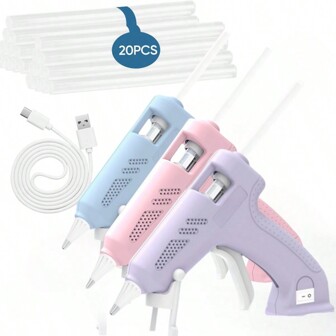 Pistola de pegamento en caliente inalámbrica con 20 barras de pegamento, pistola de pegamento recargable por USB, capacidad de batería de 1800mAh, kit portátil de pistola de pegamento en caliente de color morado/azul/rosa para manualidades, artes y artesanías, decoraciones