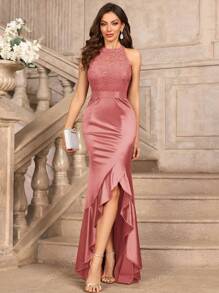 MIUSOL Halter Neck Floral Lace Contrast Satin Ruffle Mermaid Hem Formal Party Maxi Dress Wedding Guest Dress Evening Dress,Gown