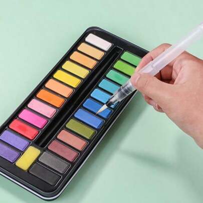 1pc Solid Watercolor Paint Set 12-18-24 Colors, Metal Box Portable Watercolor Painting Kit With Water Brush Pen, Watercolor Pigment