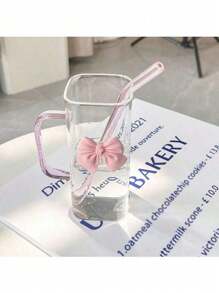 1 Stück rosa Schleife hitzebeständiger Borosilikat-Glas Teebecher, süßes dickes vertikales Streifendesign Wasserglas für Tee, Kaffee