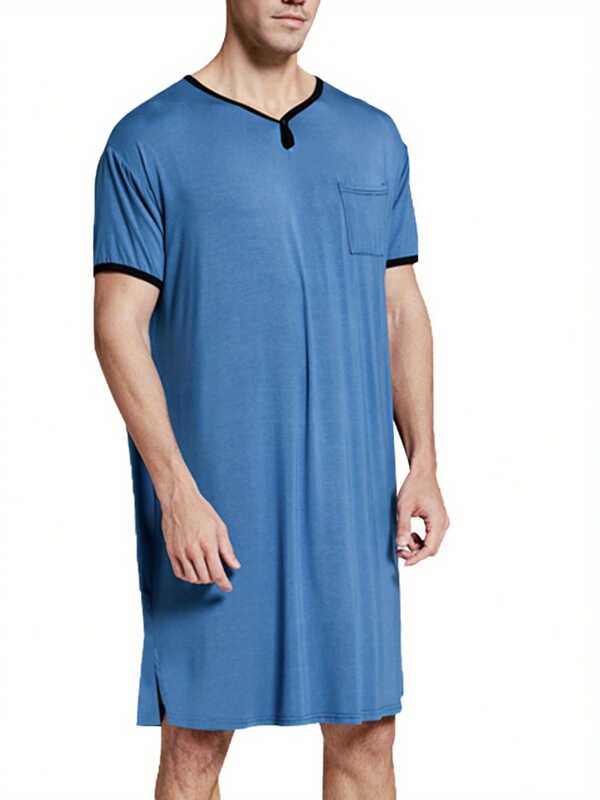 Men's Nightgown Short Sleeve V-Neck Loose Pajamas Oversized Summer Cotton Nightshirt