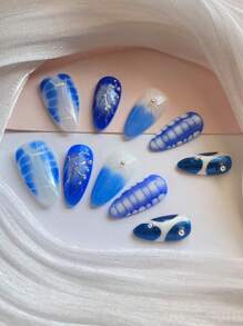 10片纯手工指甲杏仁蓝晕染渐变绿渐变水滴立体造型胶仿珍珠粉法式捏胶优雅一体式个性适合派对佩戴可重复使用指甲按压式指甲美甲用品指甲 - 彩色 - 查看 2