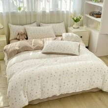 1 件蓝绿色花卉简约风格羽绒被套，适合日常使用，学生宿舍，卧室，手洗和机洗 - 奶油白 - 查看 4