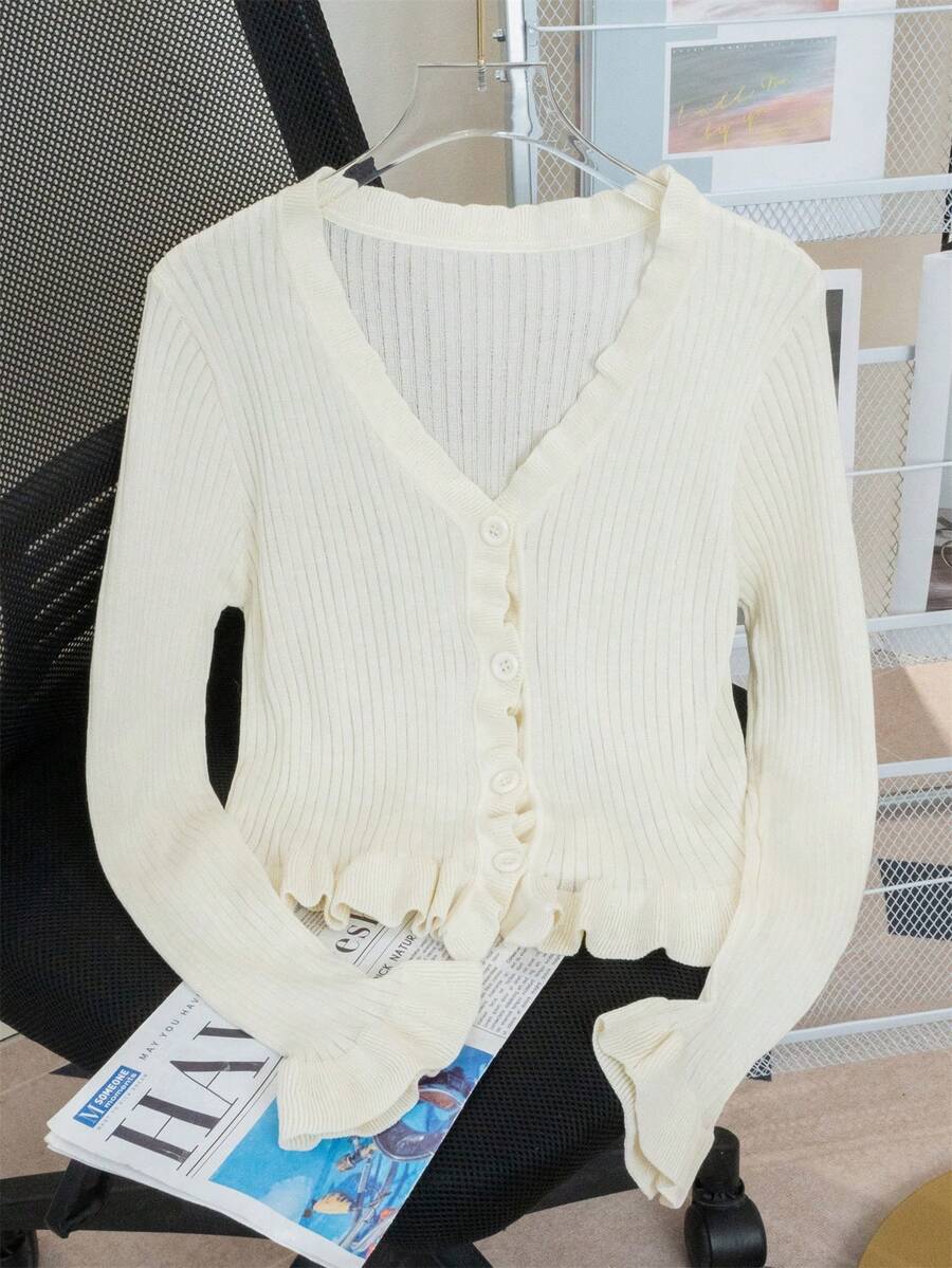 Cárdigan de punto con cuello en V y volantes, de manga larga y ligero - Albaricoque - Ver 1