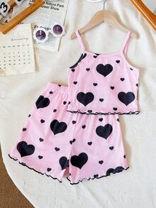Chatreadl Girls 2pcs Set Cute Casual Ribbed Camisole And Ruffle Shorts With Heart Print Pattern Summer Outfit - Pink - View 3