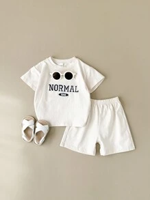2 件套男婴/女婴刺绣休闲装 - T 恤和短裤套装，春夏 - 杏色 - 查看 3