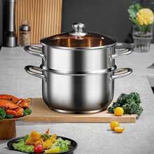Stainless Steel 2 Tier Steamer Set , Steam Pot With Lid Stainless Steel Cooking Pot Multipurpose Cookware 10 Inch/26 Cm - Silver - View 4