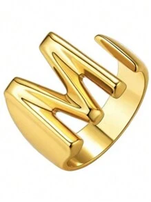 1pc Women's Fashion Retro 26 Alphabet Stainless Steel Open Ring - Yellow Gold - View 26