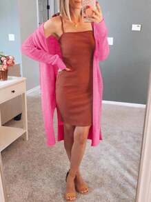 Womens Open Front Knit Sheer Cardigans Summer Boho Lightweight Long Sleeve Long Sweater - 玫紅色 - 查看 2