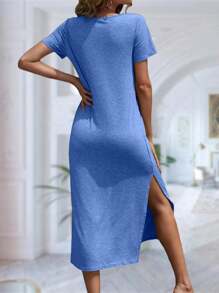 Women Summer T Shirt Dress Casual Short Sleeve V Neck Maxi Dresses Loose Side Slit Long Tshirt Dress With Pockets - 藍色 - 查看 3