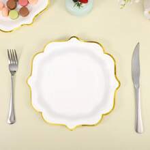 10 件/20 件，白色扇贝形 9 英寸/7 英寸纸盘，金箔白色扇贝形甜点纸盘，一次性扇贝纸盘带金箔边缘浅白盘，适用于茶会沐浴生日 - 白色 - 查看 6