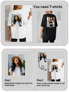 Customized Pattern Women Loose Casual T-Shirt, Personalized Photo Printing, Upload Your Selfie/Group Photo/Friends, Designed For Birthday/Holiday/Anniversary, Women White Tee, Spring/Summer Loose Short Sleeve Top, Holiday Gift, Spring/Summer Clothing, Special Gift, Creative Gift, Couple/Best Friend Matching - White - View 4