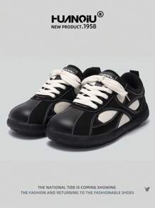 HUANQIU 2026 New Style Women's Shoes, Women's Sneakers, Thick-Soled Casual Shoes, Versatile, Lightweight, Comfortable, Lace-Up, Soft-Soled Casual Shoes, Running Shoes, Black And White, All-Season Shoes - Black and White - View 3