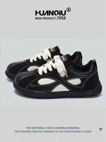 HUANQIU 2026 New Style Women's Shoes, Women's Sneakers, Thick-Soled Casual Shoes, Versatile, Lightweight, Comfortable, Lace-Up, Soft-Soled Casual Shoes, Running Shoes, Black And White, All-Season Shoes - Black and White - View 1