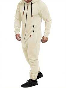 Men's Winter Hooded Jumpsuits With Pockets Warm Long Sleeve Full Zipper Up Overalls Sweatsuits With Drawstring - Beige - View 2