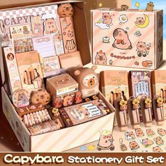 1set Capybara-Themed Stationery Gift Set With Notebook, Pens, Paper Clips, And Accessories - Cute Learning Essentials Pack For Students And Animal Lovers(Random Style)(Keychain Styles Are Random),Back To School