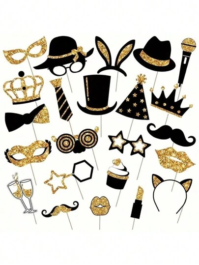 23pcs Photo Booth Props Fun Photography Accessories For Birthday, Wedding, Party, Disco Carnival, Mix Of Hats, Lips, Ties, Crowns, Party Game And Event Photoshoot Supplies