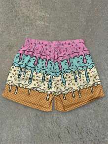 Pantalones cortos casuales de hombre de secado rápido con cordón y color de contraste, adecuados para uso diario, vacaciones y playa