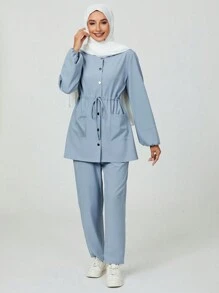 cimmuovere 舒适圆领金属纽扣多口袋护士手术服套装 - 淺藍色 - 查看 6