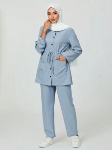 cimmuovere 舒适圆领金属纽扣多口袋护士手术服套装 - 淺藍色 - 查看 9