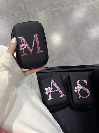 1 Pc Zipper Print Data Cable Organizer Bag, Black Base With Colorful Flower And 26 Uppercase Letter A-Z Pattern, Portable Carry Pouch For Data Cable, Charger, Earphone