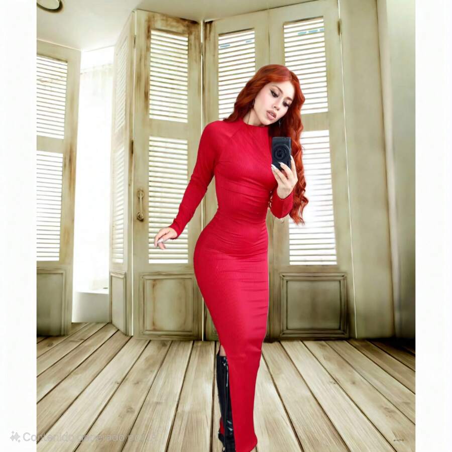 Long Dress Long Sleeve Round Neck Leg Slit Sexy Fitted Pencil Cut Fashion Lady Light - 紅色 - 查看 1