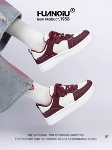 HUANQIU HUANQIU Women's Thick-Soled Fashionable Casual Sports Sneakers, Versatile Comfortable Stylish White Shoes, Suitable For All Seasons, Available In Beige, Wine Red, White, Purple, Student Casual Flat Shoes