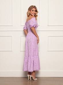 Long Dress With Puffed Sleeves Elastex Print - Lilac Purple - View 2