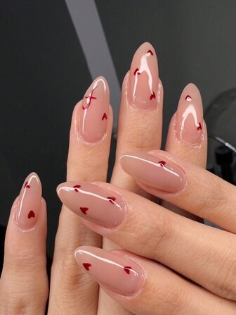 Valentines Nails 24Pcs Long Almond-Shaped Romantic Minimalist Red Heart Press-On Nails + 1 Nail File + 1 Jelly Glue Set Nail Supplies Nails