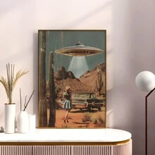 1PC, obraz wiszący na płótnie, obraz dekoracyjny w ramie, plakat UFO, dekoracja ścienna w stylu vintage, plakat science fiction, sztuka ścienna UFO Alien Desert, dziewczęcy wydruk ścienny, estetyczna dekoracja pokoju