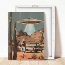 1PC, obraz wiszący na płótnie, obraz dekoracyjny w ramie, plakat UFO, dekoracja ścienna w stylu vintage, plakat science fiction, sztuka ścienna UFO Alien Desert, dziewczęcy wydruk ścienny, estetyczna dekoracja pokoju