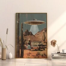 1PC, obraz wiszący na płótnie, obraz dekoracyjny w ramie, plakat UFO, dekoracja ścienna w stylu vintage, plakat science fiction, sztuka ścienna UFO Alien Desert, dziewczęcy wydruk ścienny, estetyczna dekoracja pokoju
