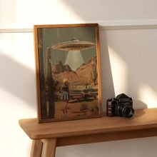 1PC, obraz wiszący na płótnie, obraz dekoracyjny w ramie, plakat UFO, dekoracja ścienna w stylu vintage, plakat science fiction, sztuka ścienna UFO Alien Desert, dziewczęcy wydruk ścienny, estetyczna dekoracja pokoju