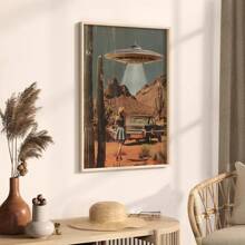 1PC, obraz wiszący na płótnie, obraz dekoracyjny w ramie, plakat UFO, dekoracja ścienna w stylu vintage, plakat science fiction, sztuka ścienna UFO Alien Desert, dziewczęcy wydruk ścienny, estetyczna dekoracja pokoju