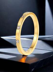 1 pieza Anillo con forma de corazón de acero inoxidable en color oro rosa/plateado con 3 piedras cúbicas de circonia, regalo de joyería para parejas/bodas
