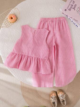 Set de 2 piezas de top sin mangas con lazo y pantalones a rayas de estilo informal para niñas, de verano