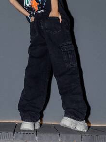 青少年和大龄男孩洗水破洞工装牛仔裤，宽松直筒裤，美式高街风格裤子 - 黑色 - 查看 5