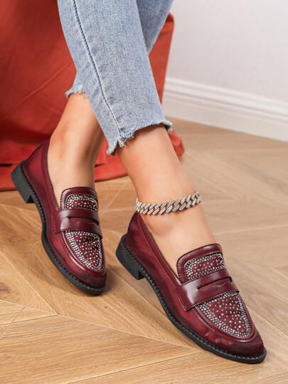 Fashionable And Versatile Women's Rhinestone Embellished Burgundy Loafers, Thick Heel Breathable Mesh Slip-On Flats, Comfortable Outdoor Wear,Plus Size Open Toe Sandals, New Spring/Summer Design