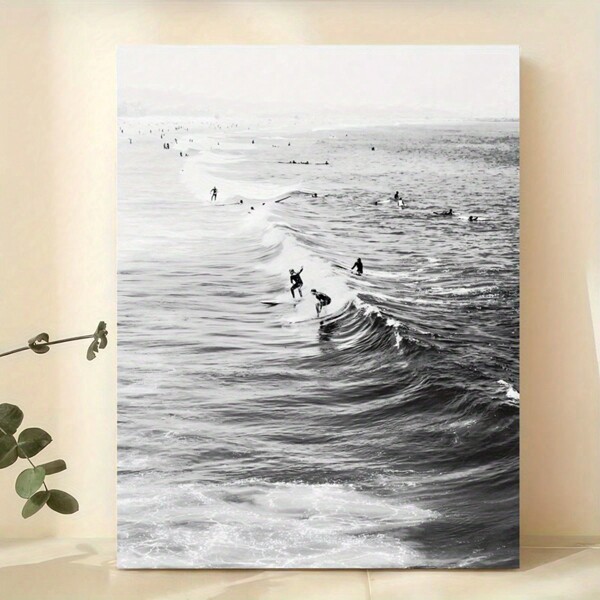 1 pieza Impresión artística en lienzo del surf de California sin marco - Decoración de pared de playa oceánica en blanco y negro, póster de arte moderno para sala de estar, dormitorio, oficina en casa