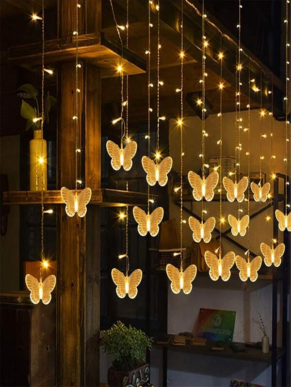 1pc Butterfly Curtain Lights 2m/78.7inch 48LED Fairy Lights 8 Modes String Lights With Remote, Butterfly Hanging Decoration For Bedroom Garden Wall Ceiling Party Wedding Holiday Christmas