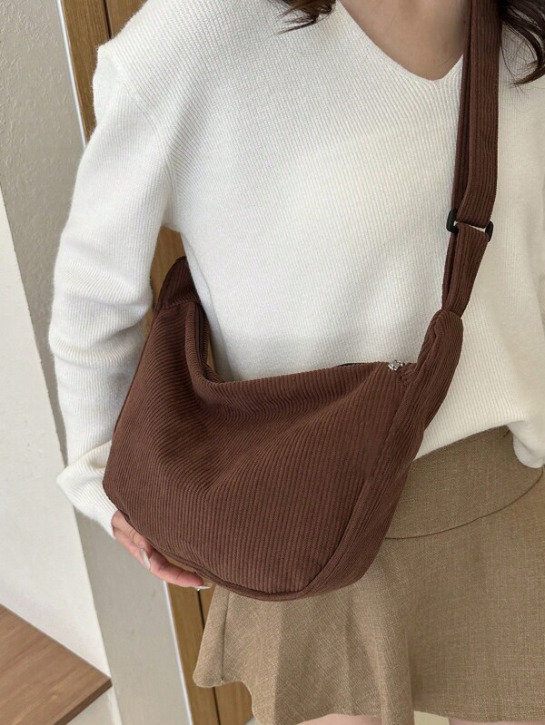 1 Peça Bolsa de Ombro Nova de Cor Sólida para Mulheres, Veludo Cotelê no Estilo Ins, Estudante Escola/Trabalho Deslocamento, Versátil, Grande Capacidade, Design Transversal