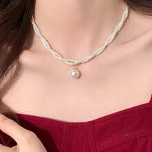 1pc Women Vintage Wrapped Double Layer Pearl Necklace, Elegant Small Designer Collarbone Necklace. Double Layer French Retro Pearl Chain Collarbone Necklace, Minimalist Versatile Pendant Necklace, Christmas, Thanksgiving, Valentine's Day Gift Valentines