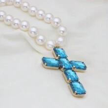 Retro Oversized Pearl Necklace With Big Glass Cross Pendant, Fashion Jewelry For Women, Christmas Gift