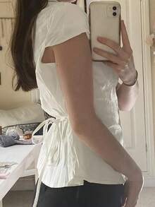 Rikumo 阳光少女风夏季女装 Y2K 学院风毕业季纽扣设计翻领休闲可爱褶皱修身短袖白色衬衫 冬季 - 白色 - 查看 10