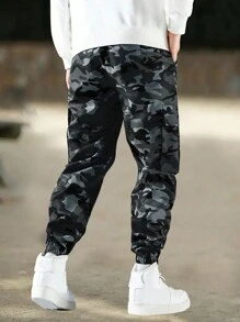 [Spring/Summer] Men's Camouflage Cargo Pants With Multiple Pockets, Drawstring Waist, And Elastic Cuffs For Casual Outing, Hiking Outfit, Daily Outfit - Grey - View 3